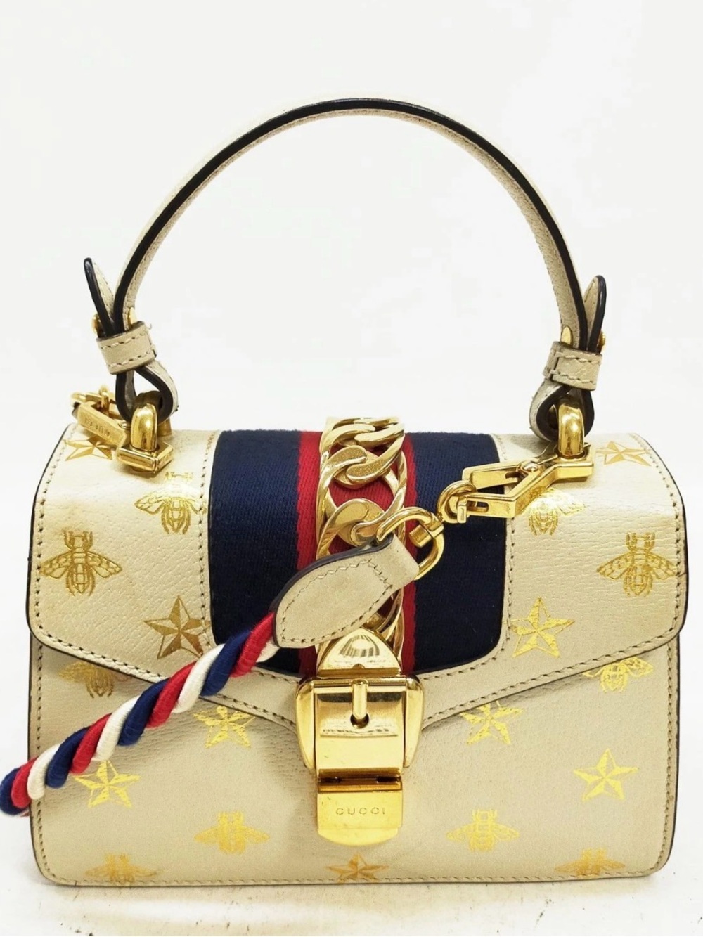 Gucci Cream Leather Top-Handle Shoulder Bag with Navy & Red Web
